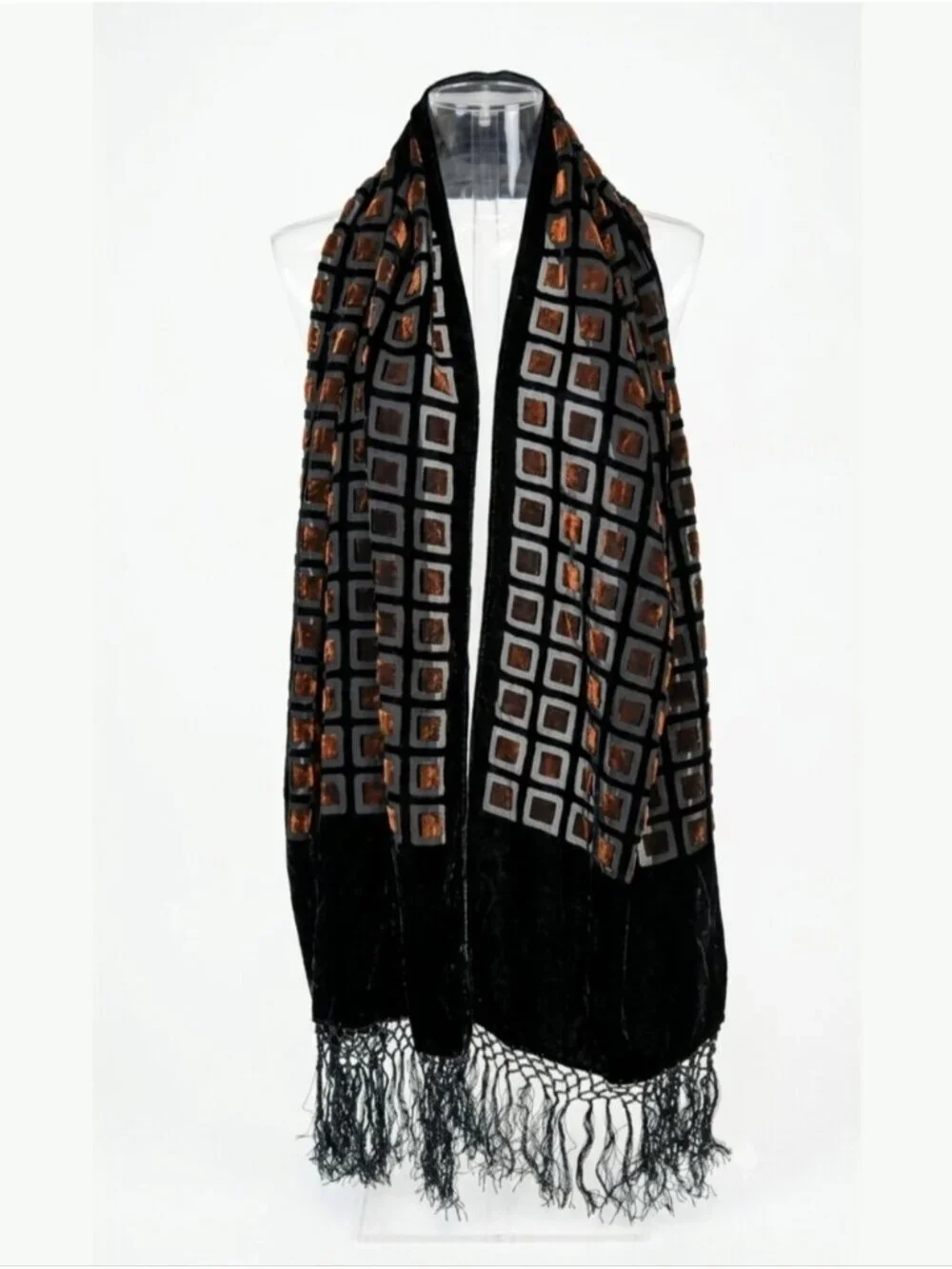 Vintage Y2K Silk Blend Burnout Velvet Scarf Fringe Geo Black Copper Luxe Wrap